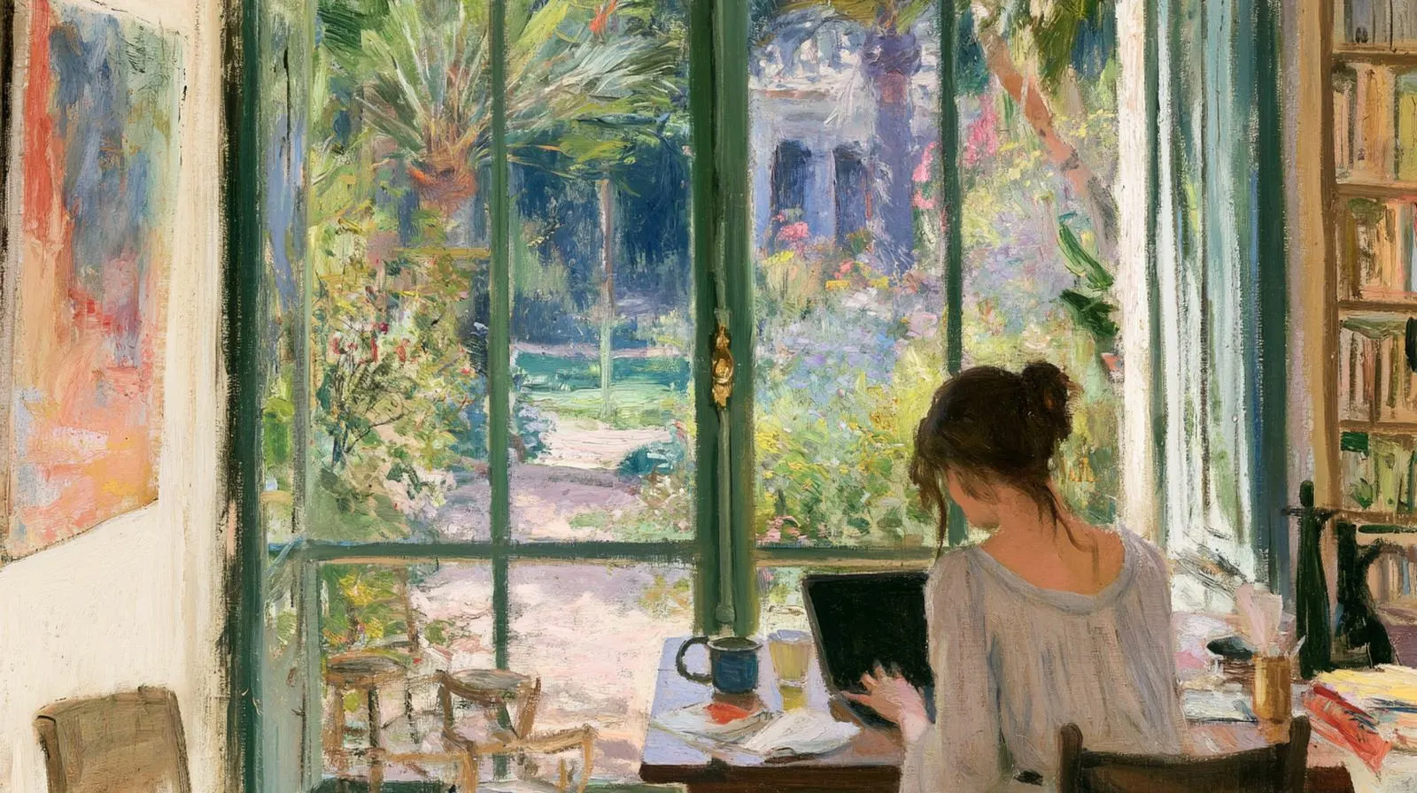 Impressionist painting of a sunlit desk by open garden windows
