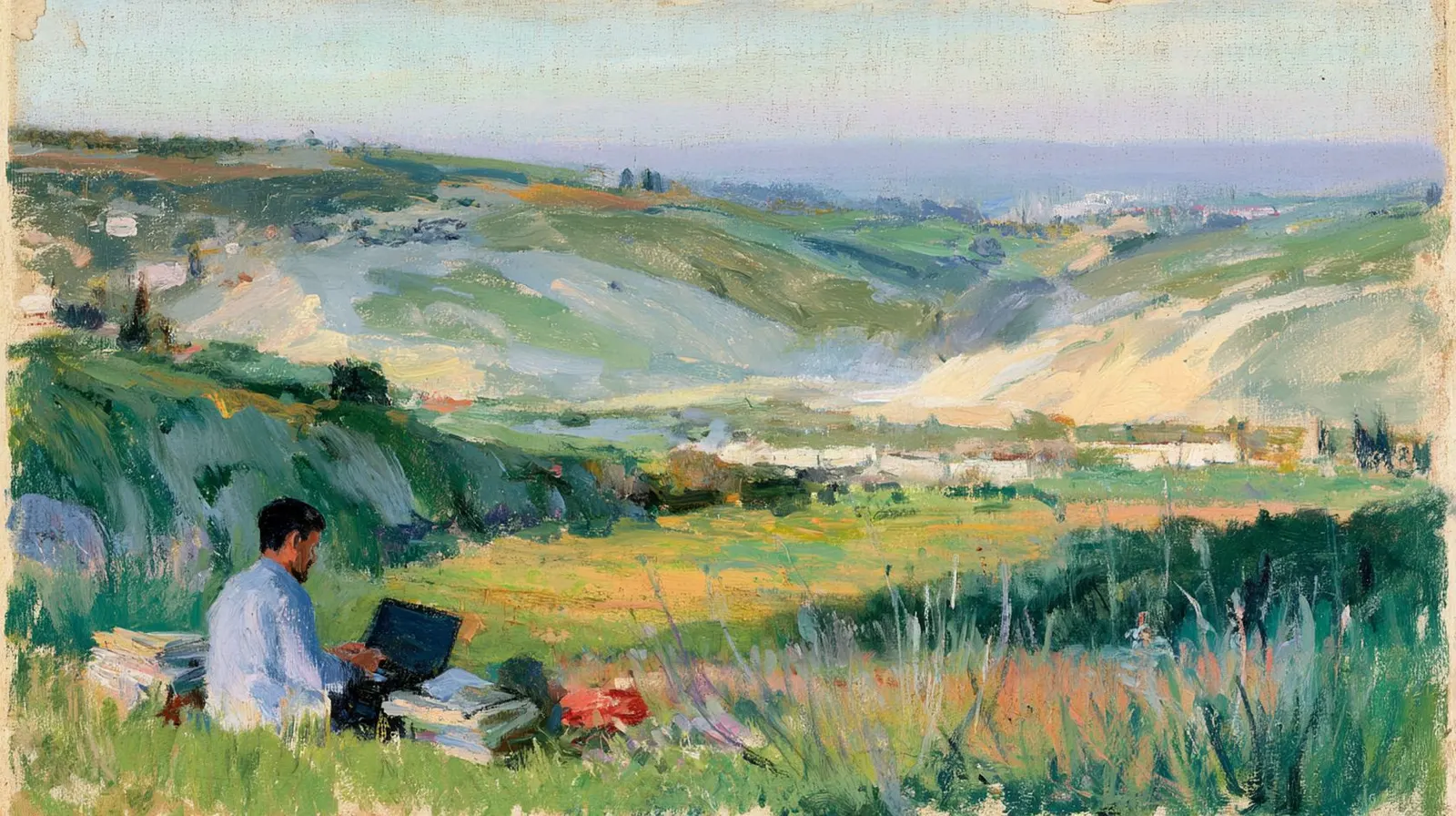 Impressionist painting of a person working calmly on a laptop on a hillside above a wide valley
