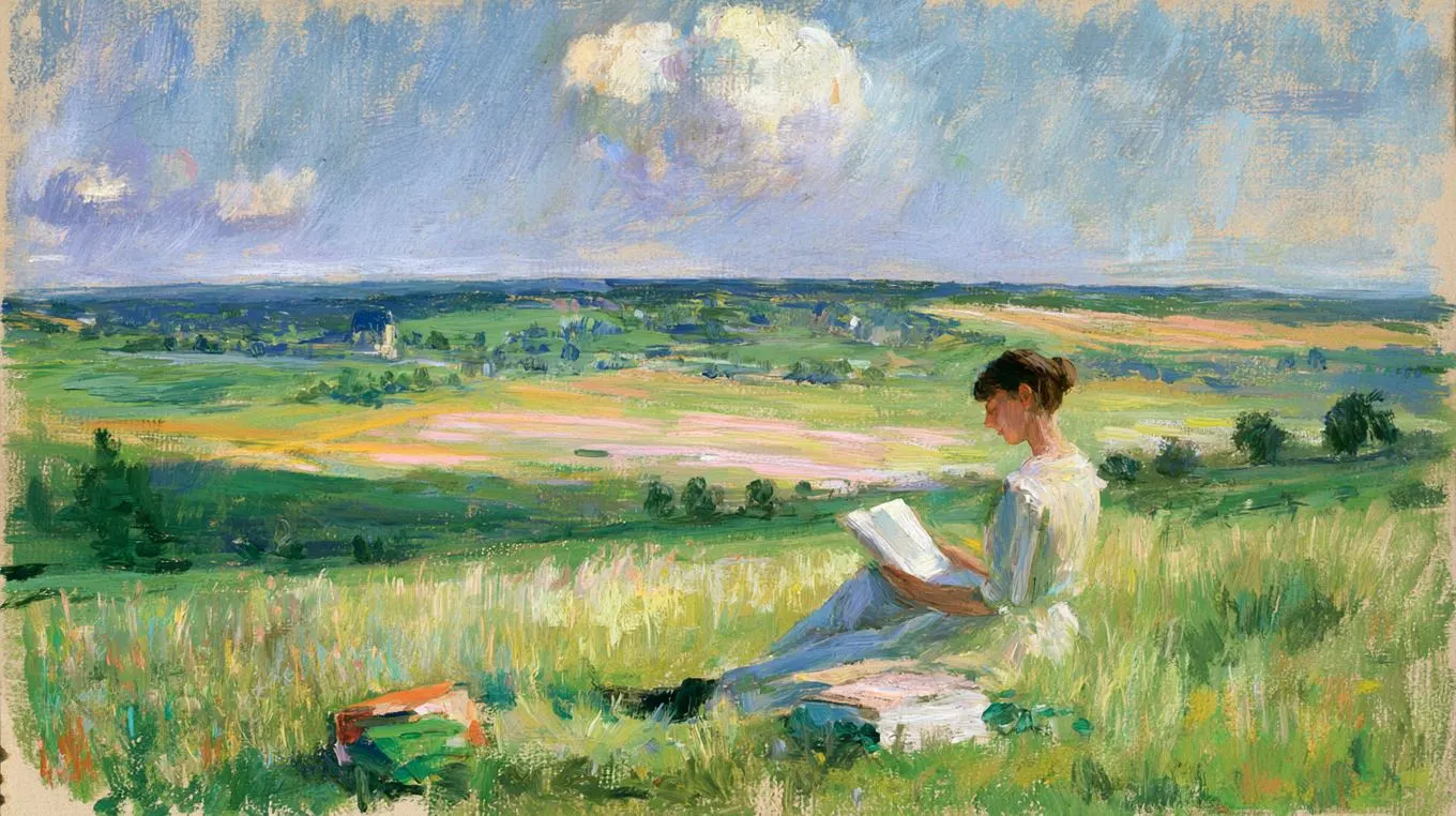 Impressionist painting of a woman reading peacefully in a summer meadow